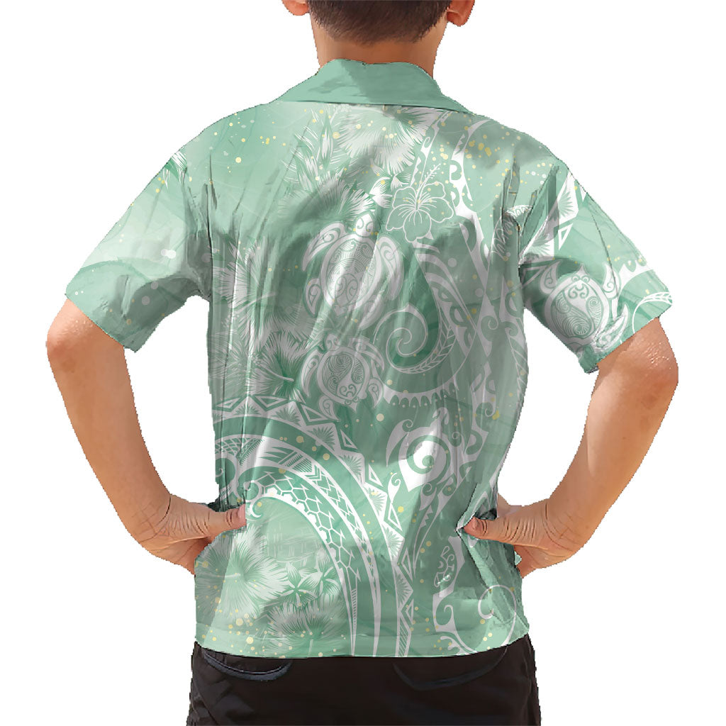 Aloha Hawaii Turtles Floral Family Matching Off Shoulder Short Dress and Hawaiian Shirt Seafoam Marbles Glaze LT7 - Polynesian Pride