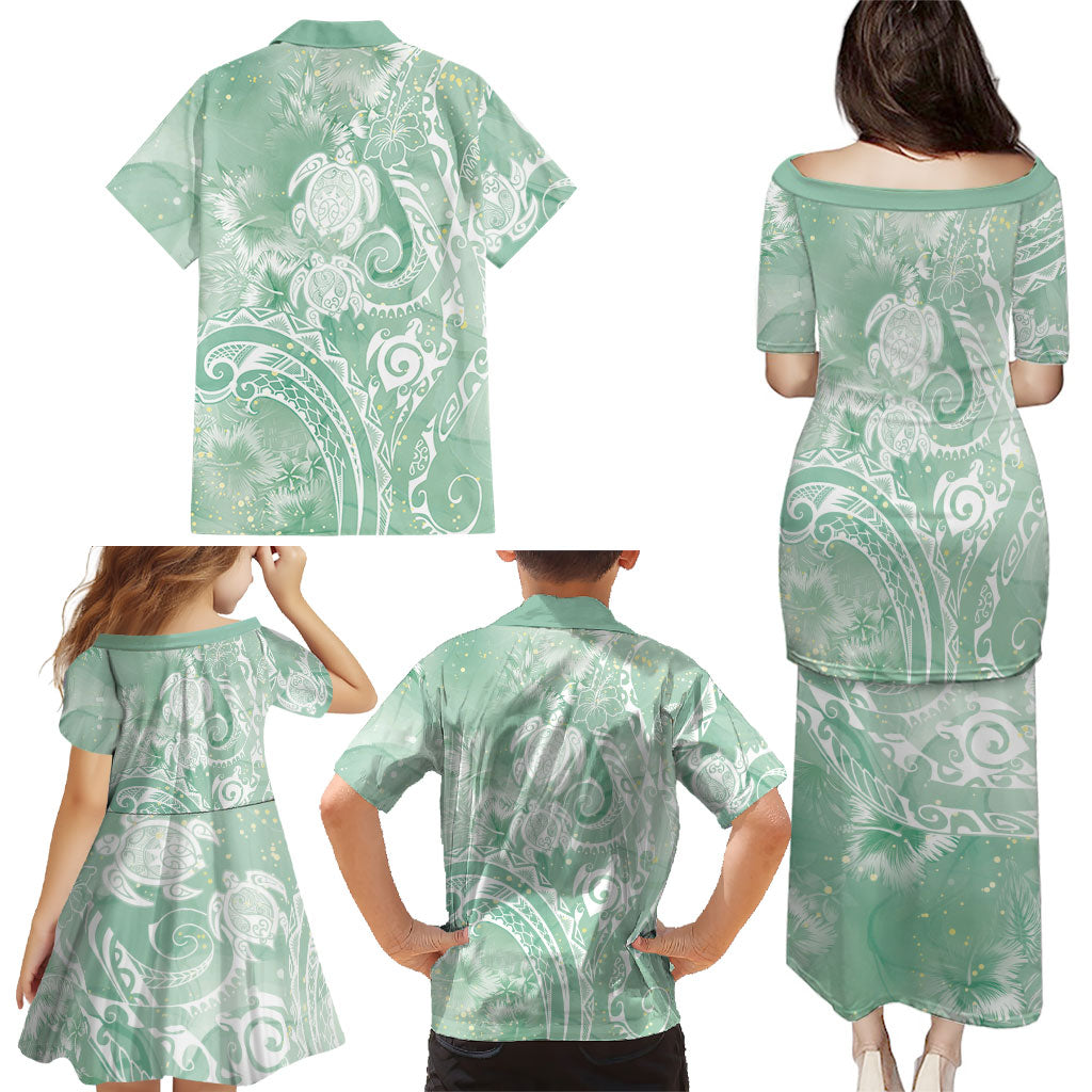 Aloha Hawaii Turtles Floral Family Matching Puletasi and Hawaiian Shirt Seafoam Marbles Glaze LT7 - Polynesian Pride