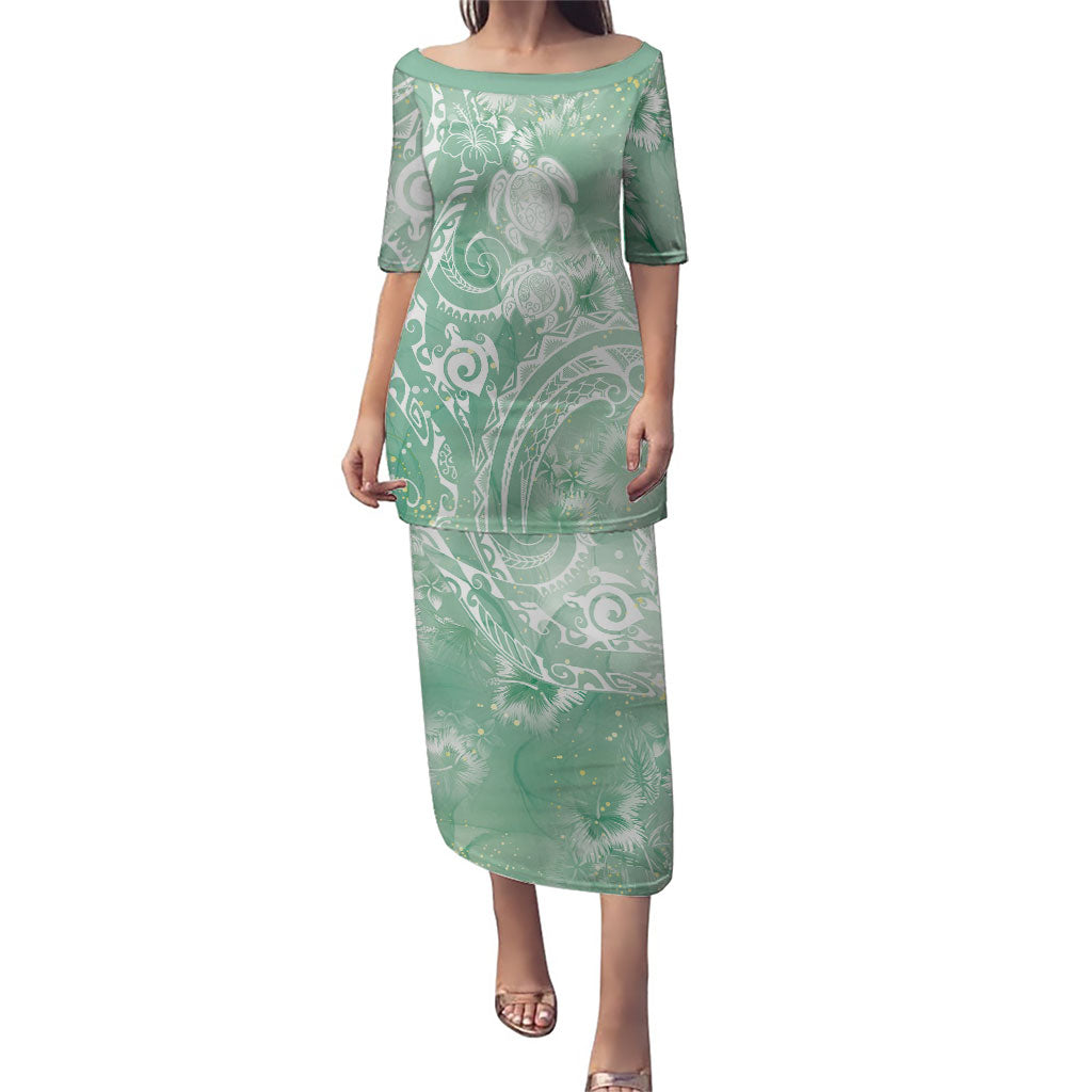 Aloha Hawaii Turtles Floral Family Matching Puletasi and Hawaiian Shirt Seafoam Marbles Glaze LT7 Mom's Dress Seafoam - Polynesian Pride
