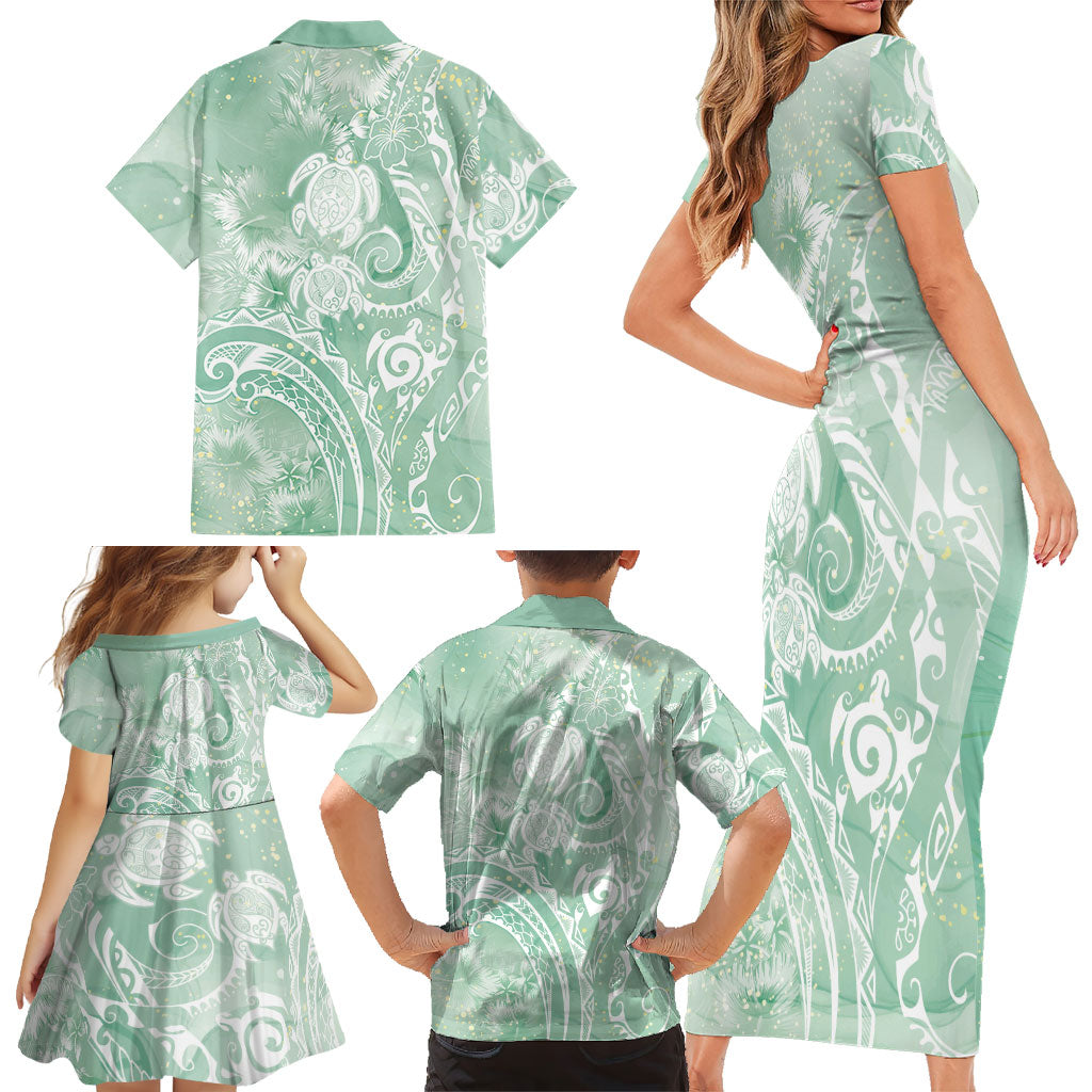 Aloha Hawaii Turtles Floral Family Matching Short Sleeve Bodycon Dress and Hawaiian Shirt Seafoam Marbles Glaze LT7 - Polynesian Pride