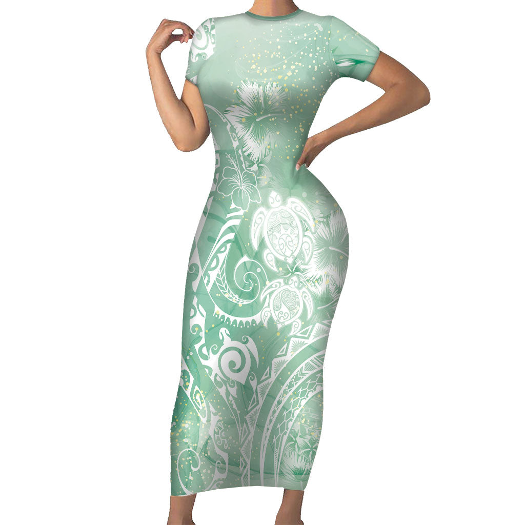 Aloha Hawaii Turtles Floral Family Matching Short Sleeve Bodycon Dress and Hawaiian Shirt Seafoam Marbles Glaze LT7 Mom's Dress Seafoam - Polynesian Pride