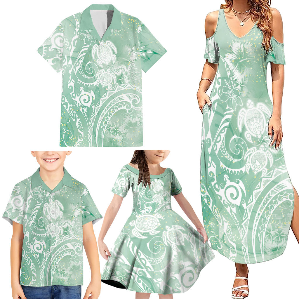 Aloha Hawaii Turtles Floral Family Matching Summer Maxi Dress and Hawaiian Shirt Seafoam Marbles Glaze LT7 - Polynesian Pride