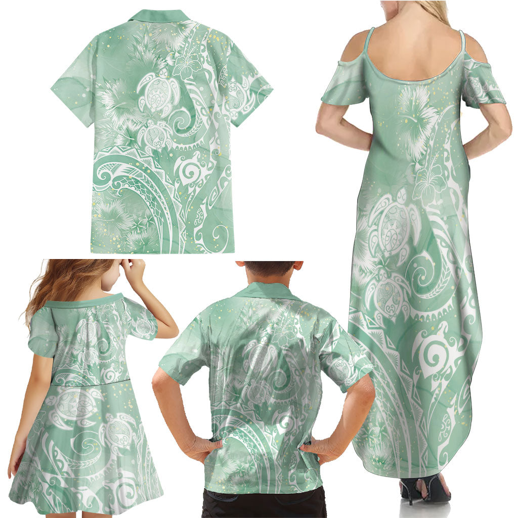 Aloha Hawaii Turtles Floral Family Matching Summer Maxi Dress and Hawaiian Shirt Seafoam Marbles Glaze LT7 - Polynesian Pride
