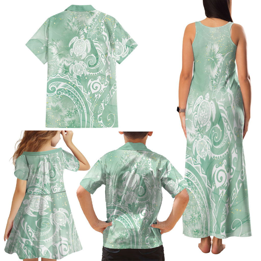 Aloha Hawaii Turtles Floral Family Matching Tank Maxi Dress and Hawaiian Shirt Seafoam Marbles Glaze LT7 - Polynesian Pride