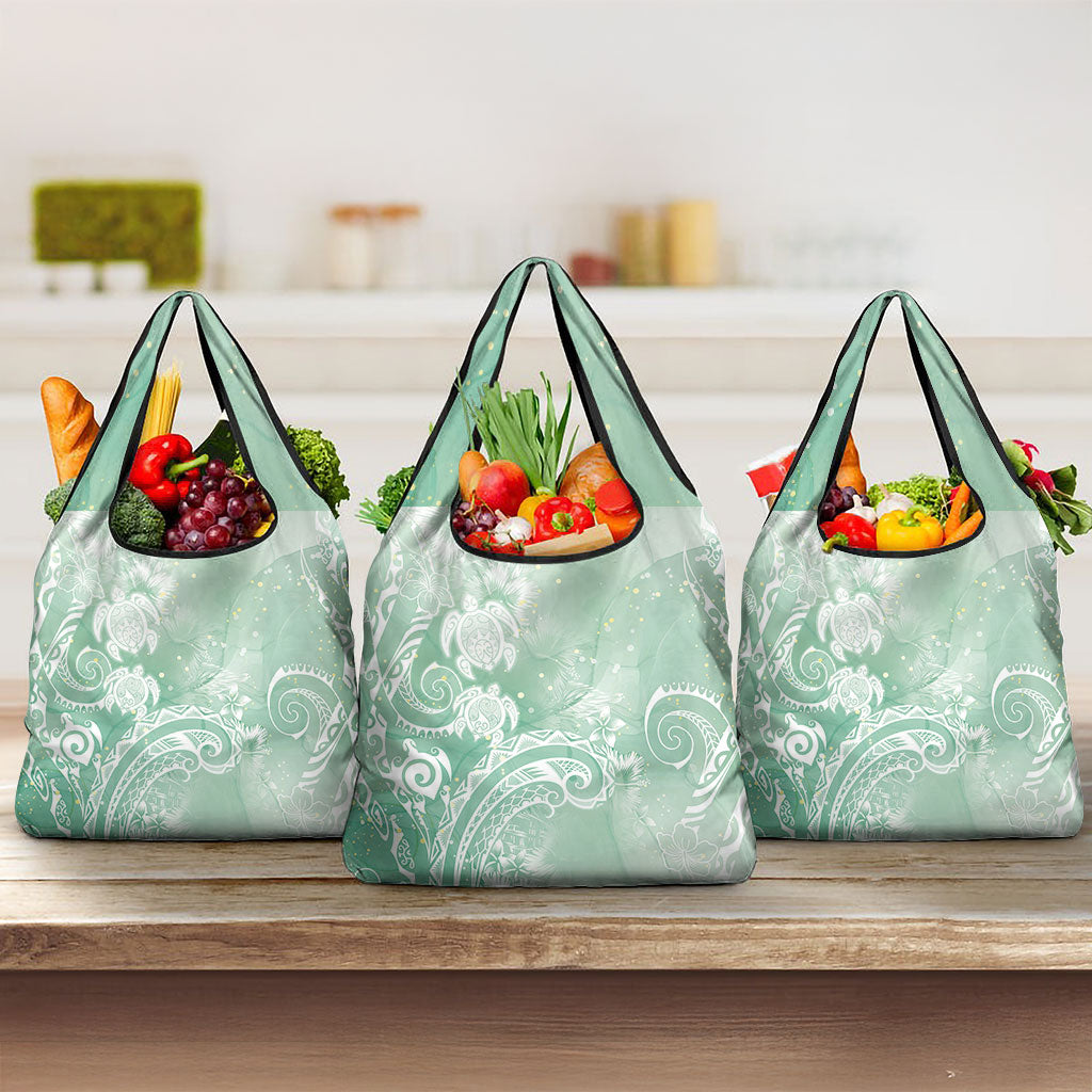 Aloha Hawaii Turtles Floral Grocery Bag Seafoam Marbles Glaze LT7 3-pack One Size Seafoam - Polynesian Pride