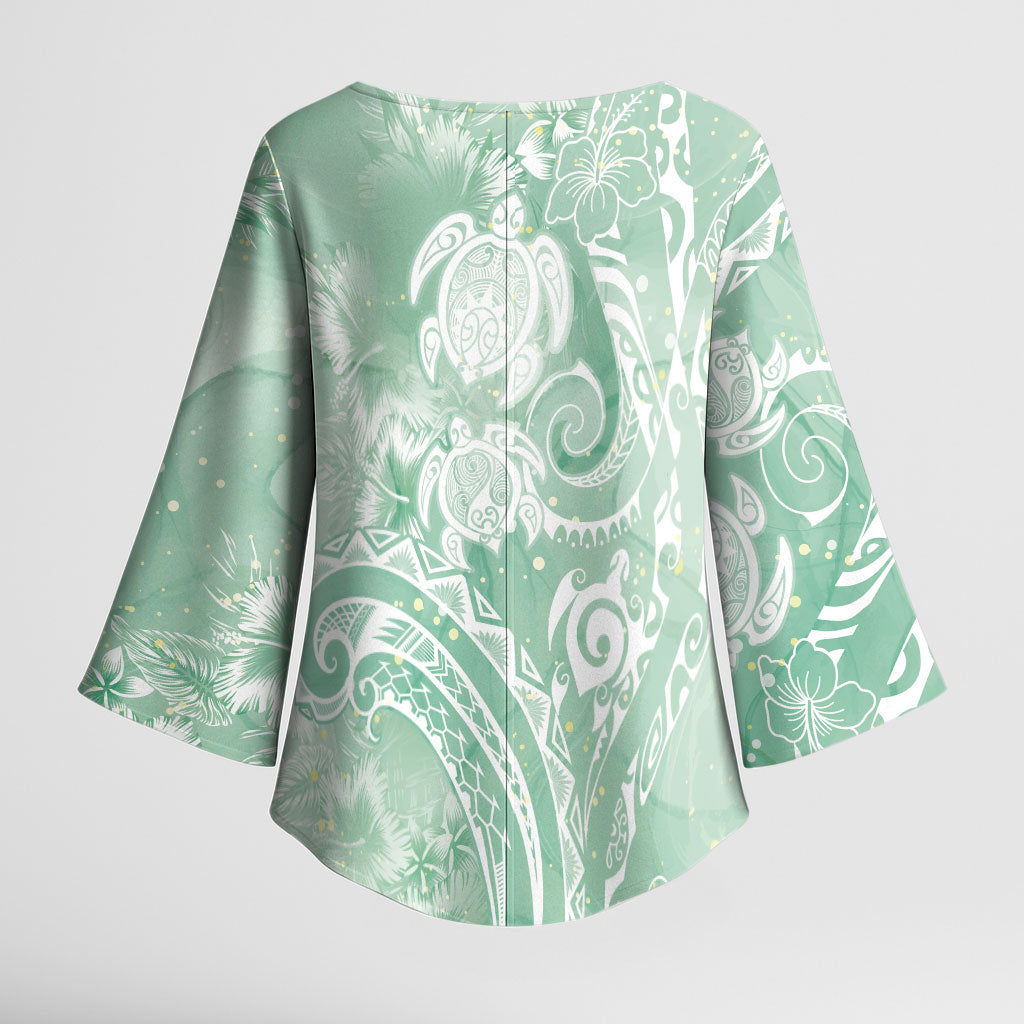 Aloha Hawaii Turtles Floral Kimono Sleeve Blouse Seafoam Marbles Glaze LT7 - Polynesian Pride