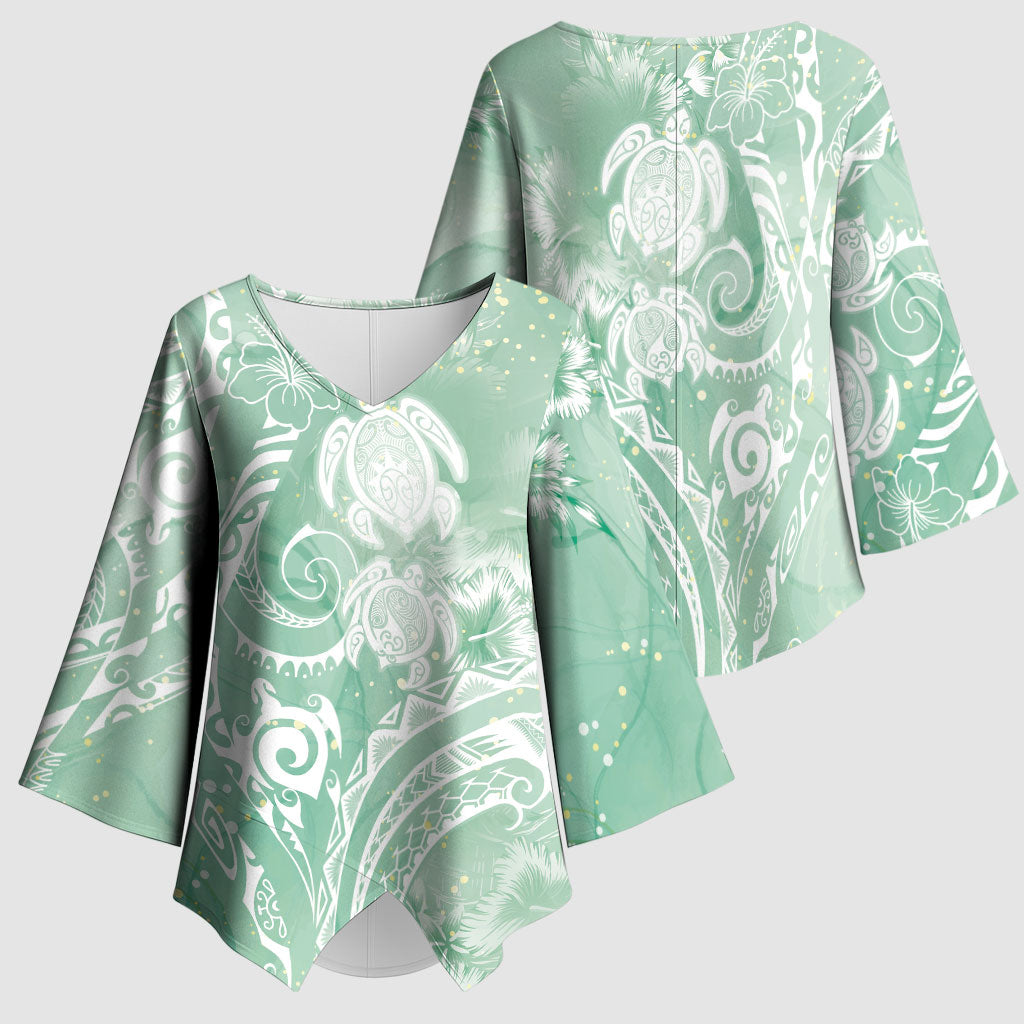 Aloha Hawaii Turtles Floral Kimono Sleeve Blouse Seafoam Marbles Glaze LT7 - Polynesian Pride