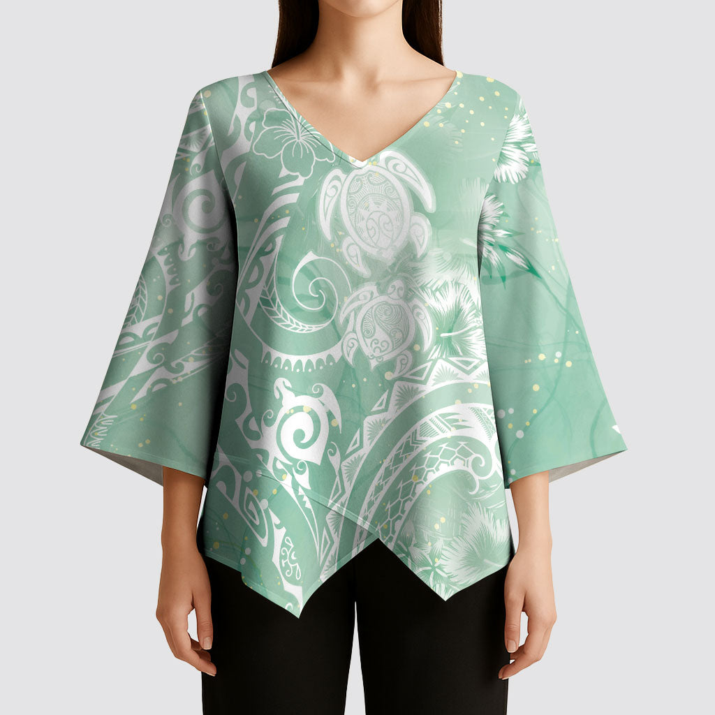 Aloha Hawaii Turtles Floral Kimono Sleeve Blouse Seafoam Marbles Glaze LT7 - Polynesian Pride