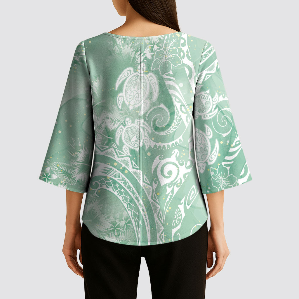 Aloha Hawaii Turtles Floral Kimono Sleeve Blouse Seafoam Marbles Glaze LT7 - Polynesian Pride
