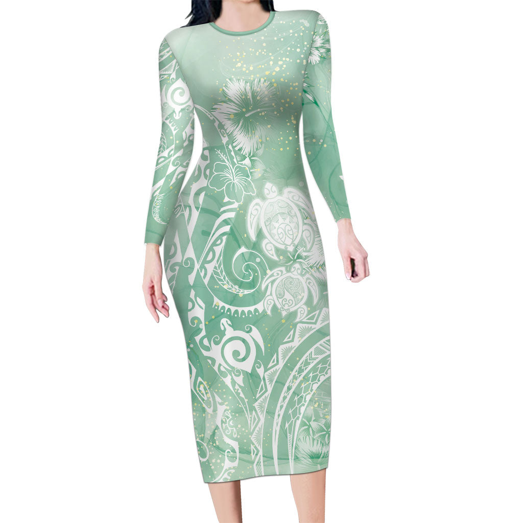 Aloha Hawaii Turtles Floral Long Sleeve Bodycon Dress Seafoam Marbles Glaze LT7 Long Dress Seafoam - Polynesian Pride