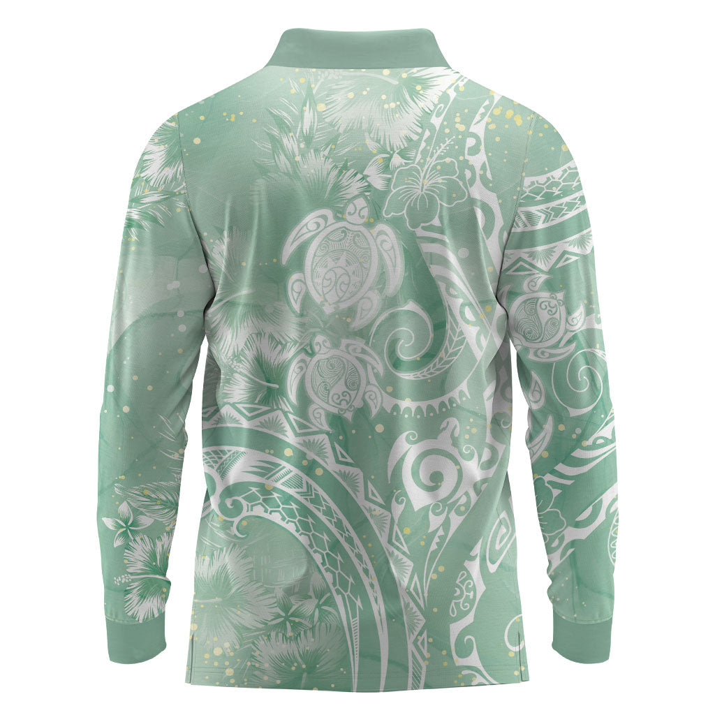 Aloha Hawaii Turtles Floral Long Sleeve Polo Shirt Seafoam Marbles Glaze LT7 - Polynesian Pride