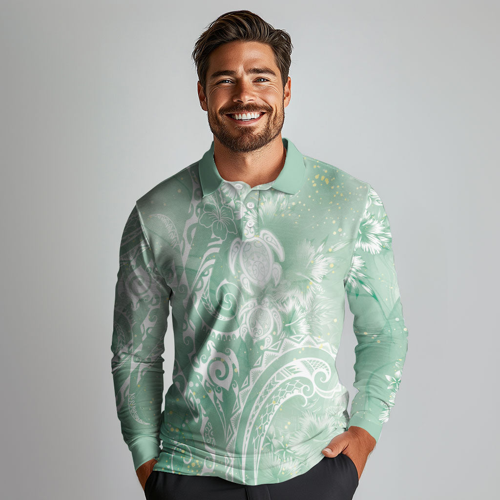 Aloha Hawaii Turtles Floral Long Sleeve Polo Shirt Seafoam Marbles Glaze LT7 - Polynesian Pride