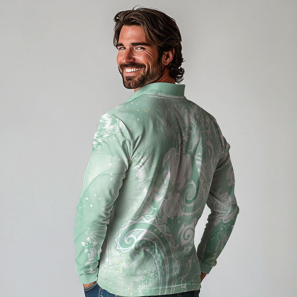 Aloha Hawaii Turtles Floral Long Sleeve Polo Shirt Seafoam Marbles Glaze LT7 - Polynesian Pride