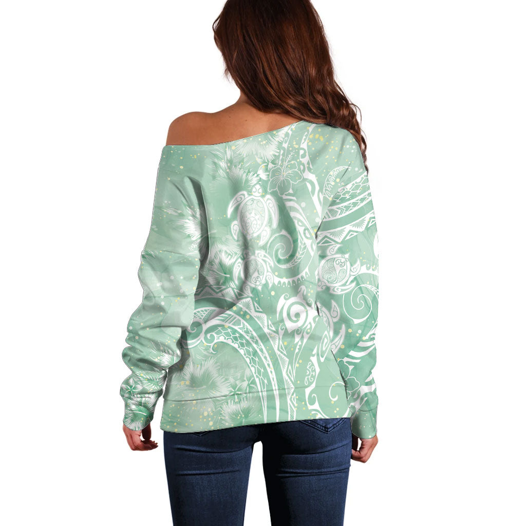 Aloha Hawaii Turtles Floral Off Shoulder Sweater Seafoam Marbles Glaze LT7 - Polynesian Pride