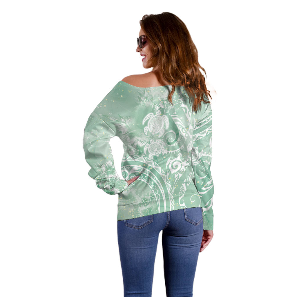 Aloha Hawaii Turtles Floral Off Shoulder Sweater Seafoam Marbles Glaze LT7 - Polynesian Pride