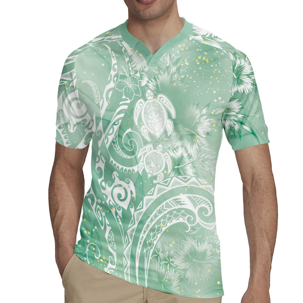 Aloha Hawaii Turtles Floral Rugby Jersey Seafoam Marbles Glaze LT7 - Polynesian Pride