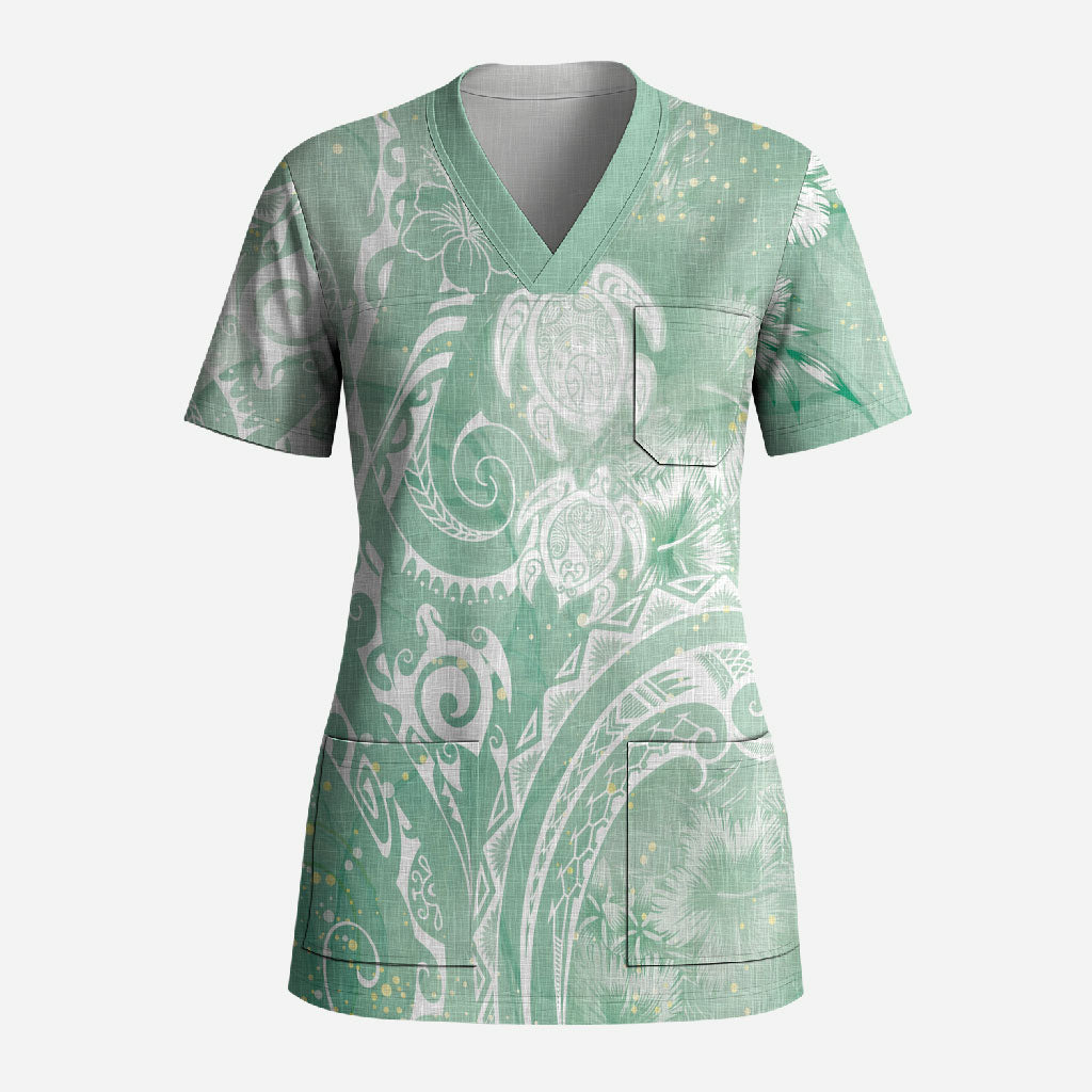 Aloha Hawaii Turtles Floral Scrub Top Seafoam Marbles Glaze LT7 Adult Seafoam - Polynesian Pride