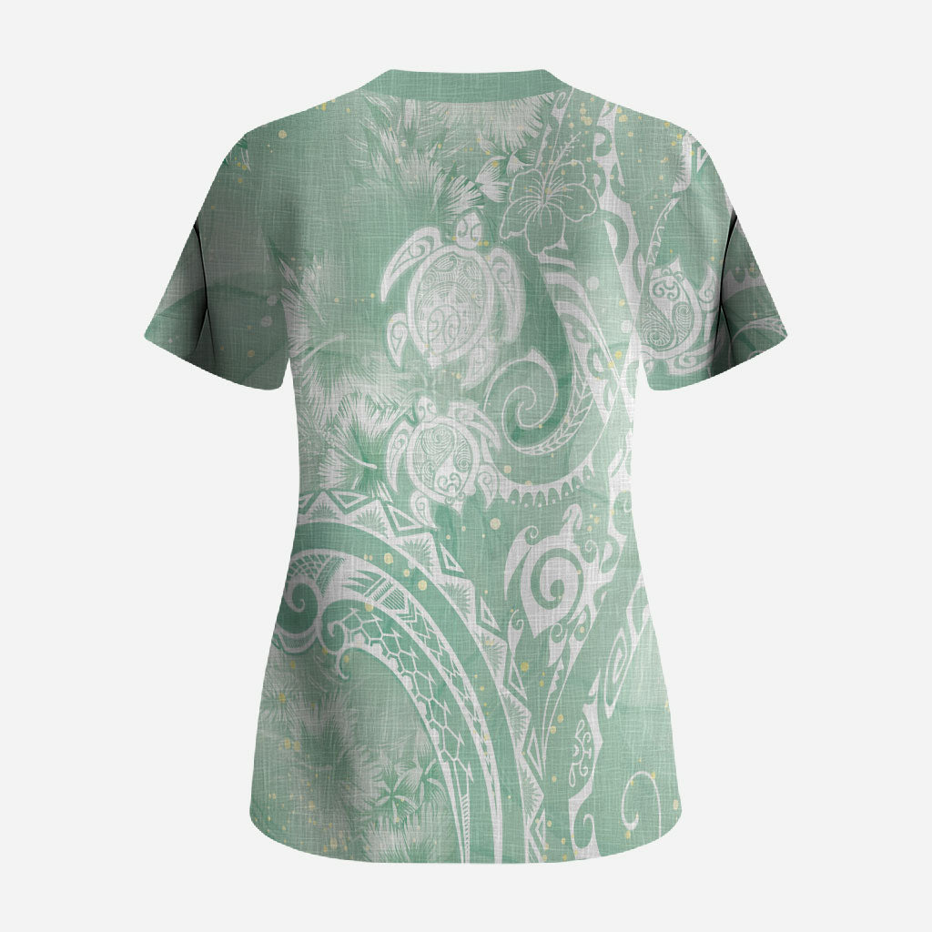 Aloha Hawaii Turtles Floral Scrub Top Seafoam Marbles Glaze LT7 - Polynesian Pride