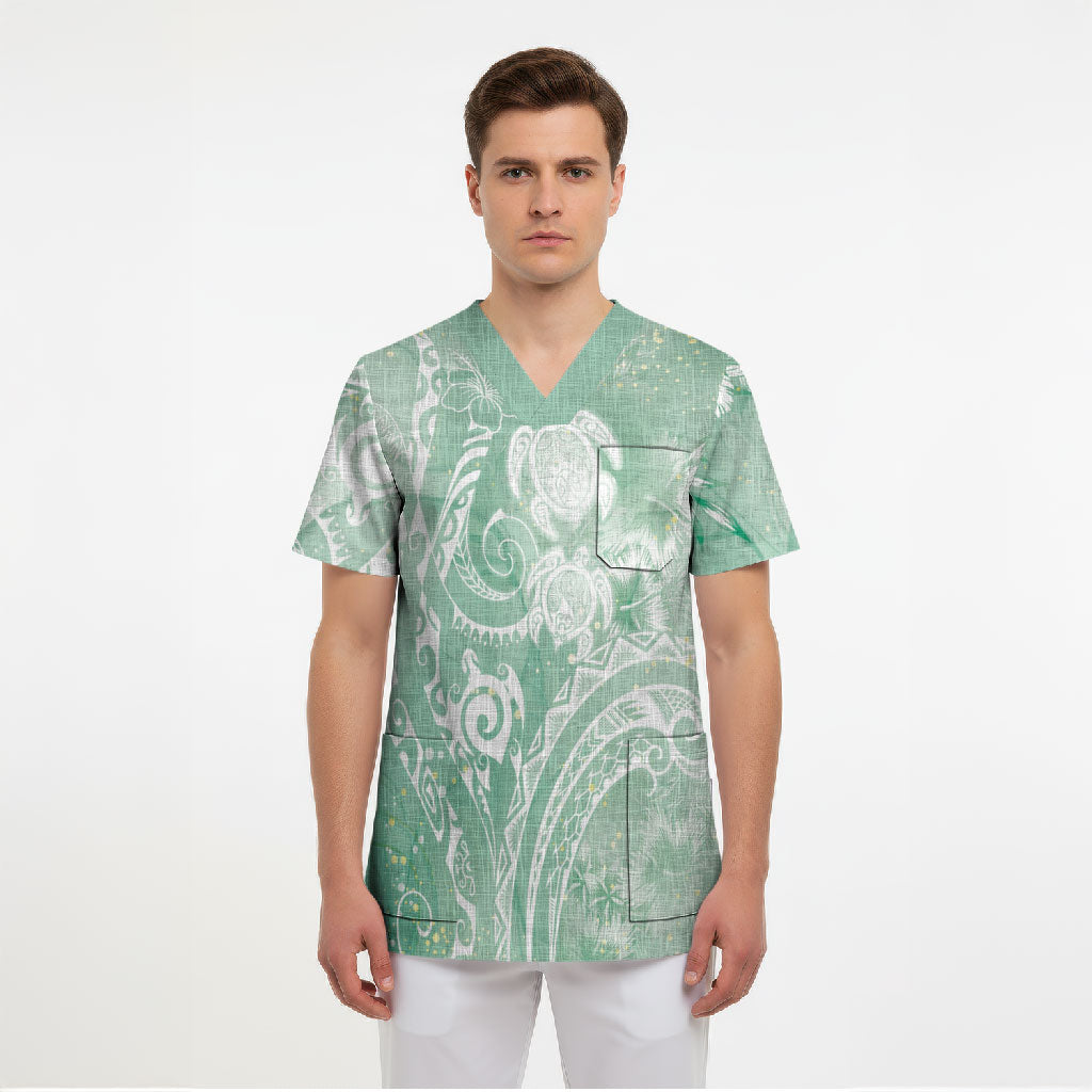 Aloha Hawaii Turtles Floral Scrub Top Seafoam Marbles Glaze LT7 - Polynesian Pride