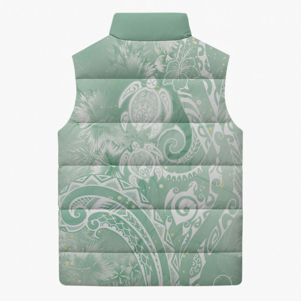 Aloha Hawaii Turtles Floral Sleeveless Puffer Jacket Seafoam Marbles Glaze LT7 - Polynesian Pride