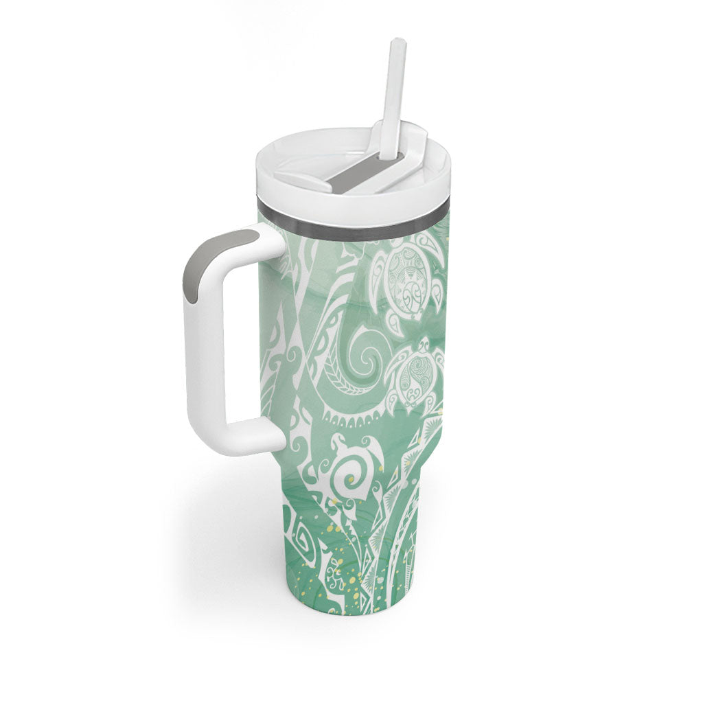 Aloha Hawaii Turtles Floral Tumbler With Handle Seafoam Marbles Glaze LT7 - Polynesian Pride