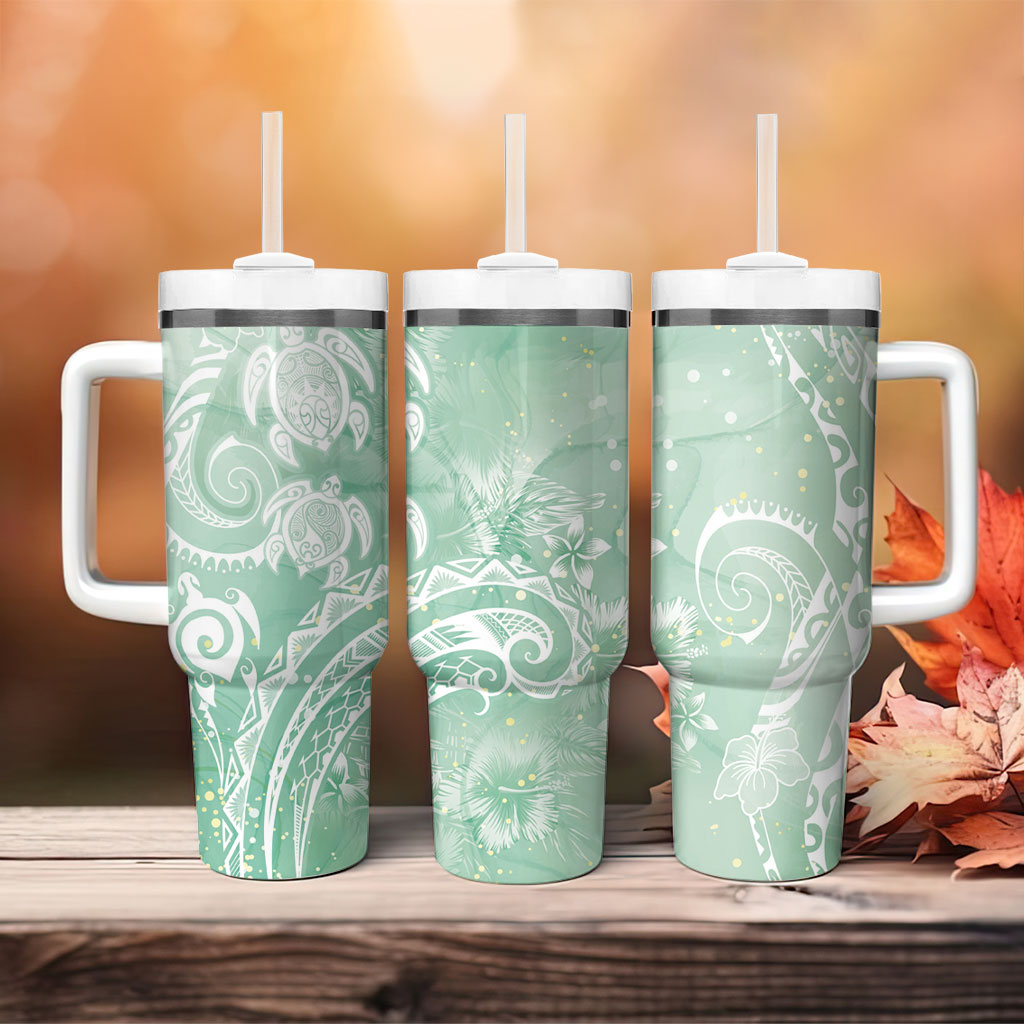 Aloha Hawaii Turtles Floral Tumbler With Handle Seafoam Marbles Glaze LT7 - Polynesian Pride