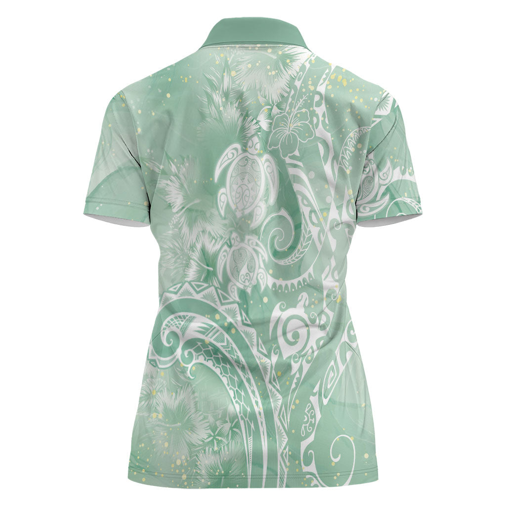 Aloha Hawaii Turtles Floral Women Polo Shirt Seafoam Marbles Glaze LT7 - Polynesian Pride
