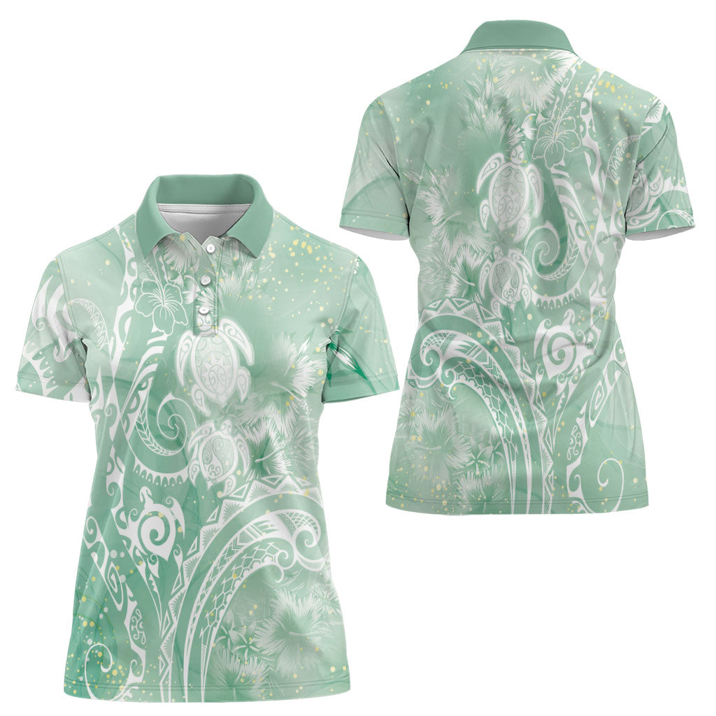 Aloha Hawaii Turtles Floral Women Polo Shirt Seafoam Marbles Glaze LT7 - Polynesian Pride