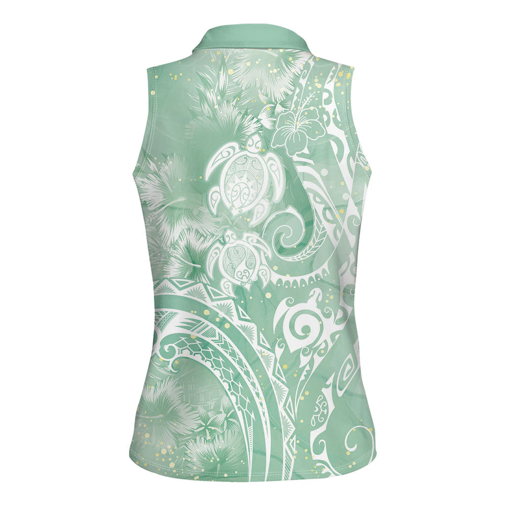 Aloha Hawaii Turtles Floral Women Sleeveless Polo Shirt Seafoam Marbles Glaze LT7 - Polynesian Pride