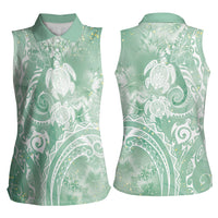Aloha Hawaii Turtles Floral Women Sleeveless Polo Shirt Seafoam Marbles Glaze LT7 - Polynesian Pride
