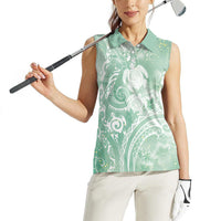 Aloha Hawaii Turtles Floral Women Sleeveless Polo Shirt Seafoam Marbles Glaze LT7 - Polynesian Pride