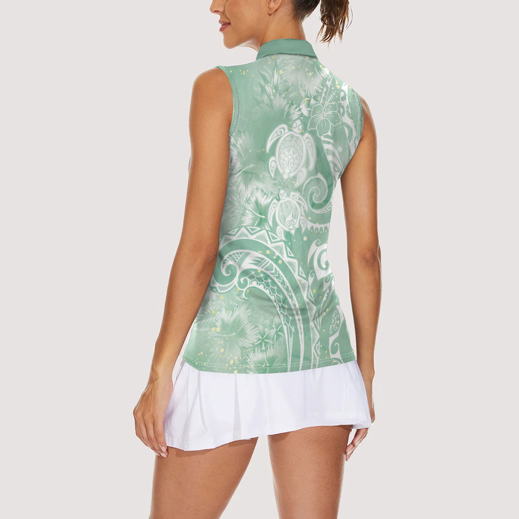 Aloha Hawaii Turtles Floral Women Sleeveless Polo Shirt Seafoam Marbles Glaze LT7 - Polynesian Pride