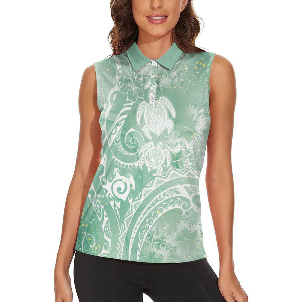 Aloha Hawaii Turtles Floral Women Sleeveless Polo Shirt Seafoam Marbles Glaze LT7 - Polynesian Pride
