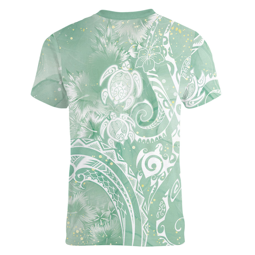 Aloha Hawaii Turtles Floral Women V-Neck T-Shirt Seafoam Marbles Glaze LT7 - Polynesian Pride