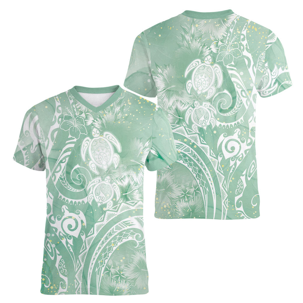Aloha Hawaii Turtles Floral Women V-Neck T-Shirt Seafoam Marbles Glaze LT7 - Polynesian Pride