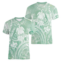 Aloha Hawaii Turtles Floral Women V-Neck T-Shirt Seafoam Marbles Glaze LT7 - Polynesian Pride