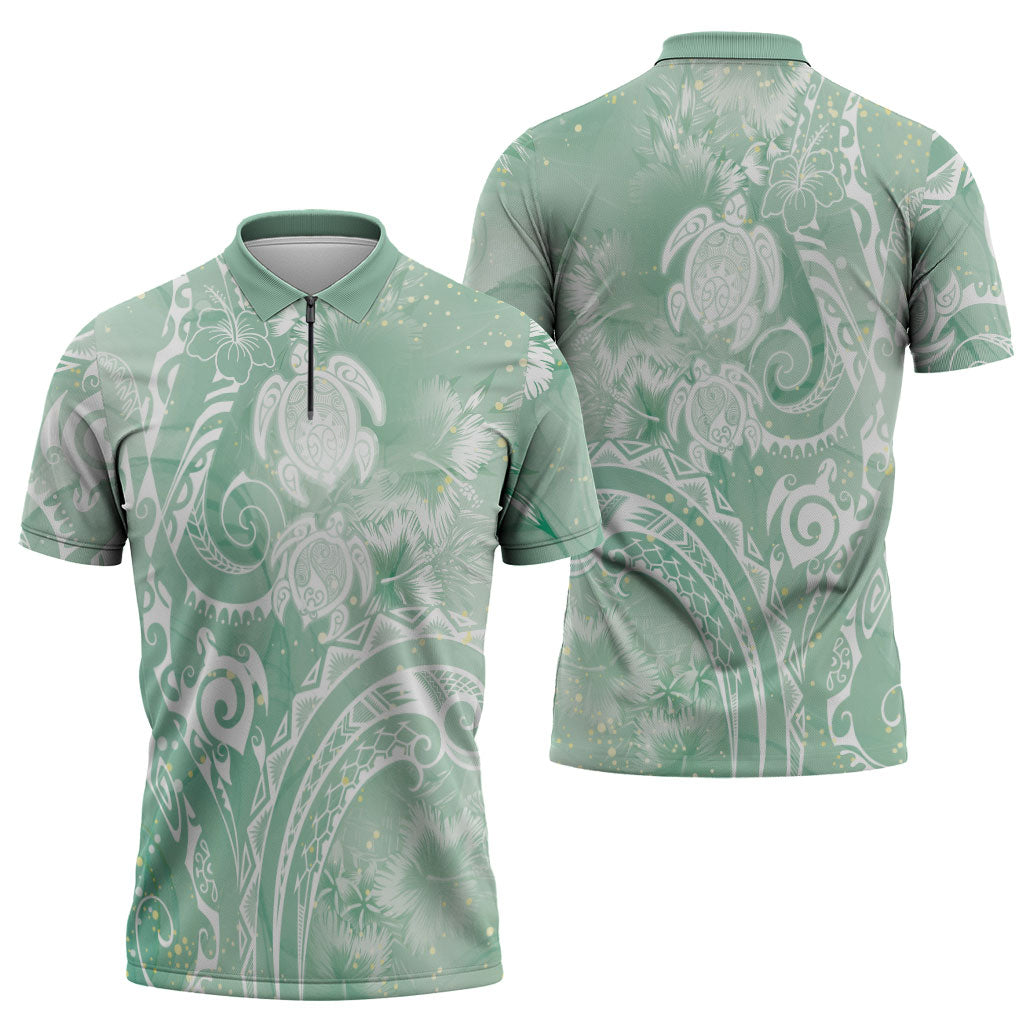 Aloha Hawaii Turtles Floral Zipper Polo Shirt Seafoam Marbles Glaze LT7 - Polynesian Pride