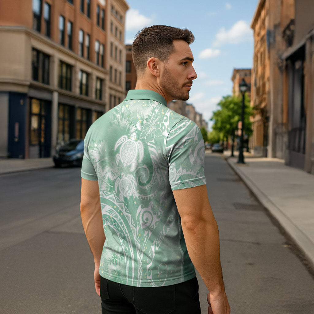Aloha Hawaii Turtles Floral Zipper Polo Shirt Seafoam Marbles Glaze LT7 - Polynesian Pride