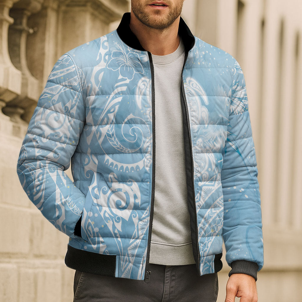 Aloha Hawaii Turtles Floral Bomber Puffer Jacket Aqua Marbles Glaze LT7 - Polynesian Pride