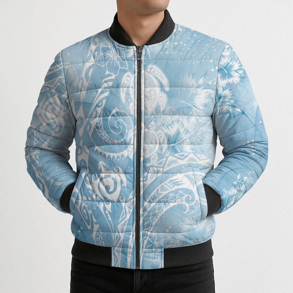Aloha Hawaii Turtles Floral Bomber Puffer Jacket Aqua Marbles Glaze LT7 - Polynesian Pride