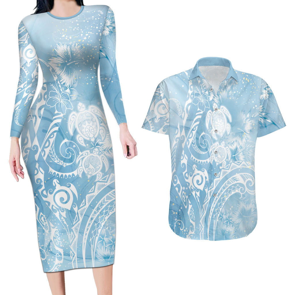 Aloha Hawaii Turtles Floral Couples Matching Long Sleeve Bodycon Dress and Hawaiian Shirt Aqua Marbles Glaze LT7 Aqua - Polynesian Pride