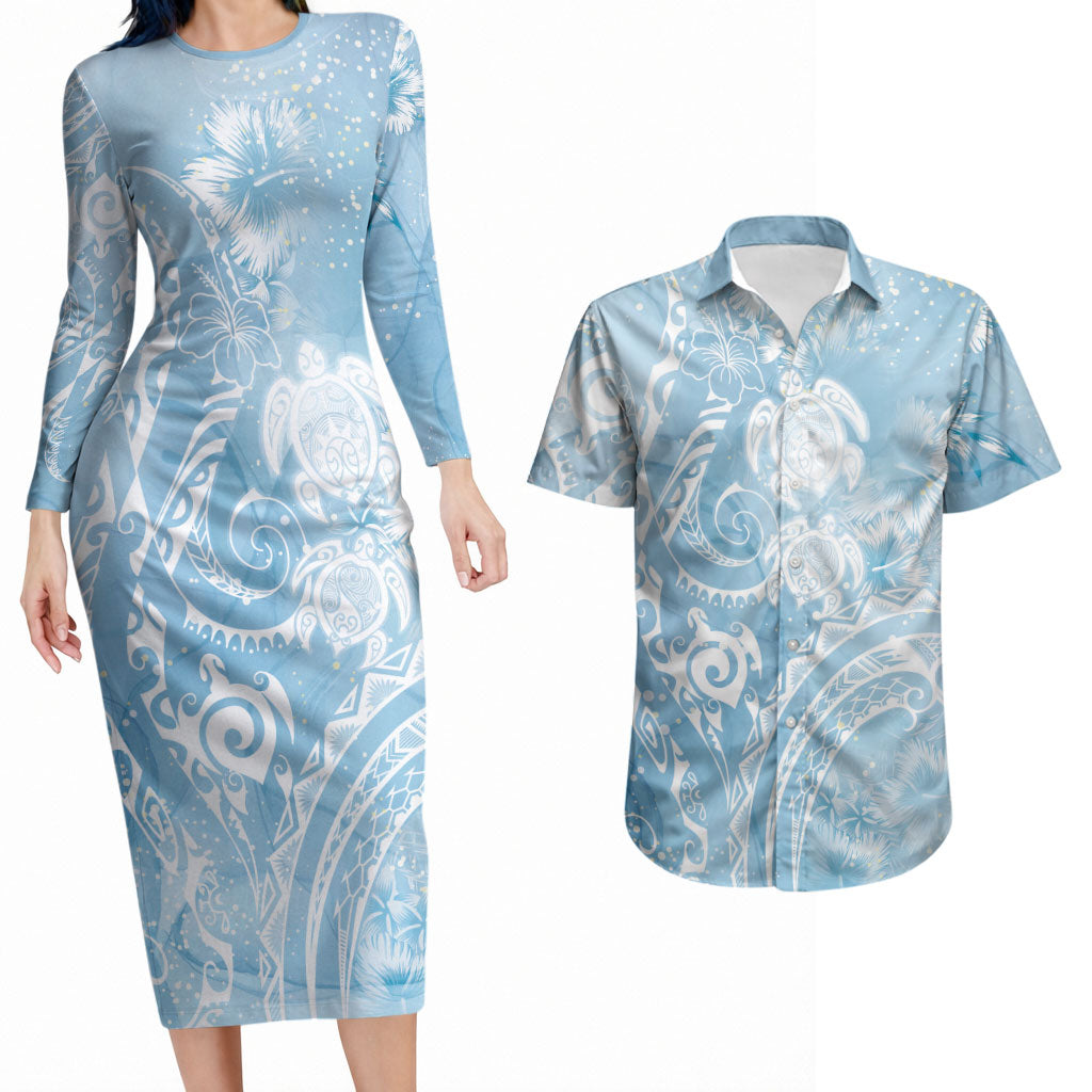 Aloha Hawaii Turtles Floral Couples Matching Long Sleeve Bodycon Dress and Hawaiian Shirt Aqua Marbles Glaze LT7 Aqua - Polynesian Pride