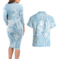 Aloha Hawaii Turtles Floral Couples Matching Long Sleeve Bodycon Dress and Hawaiian Shirt Aqua Marbles Glaze LT7 - Polynesian Pride