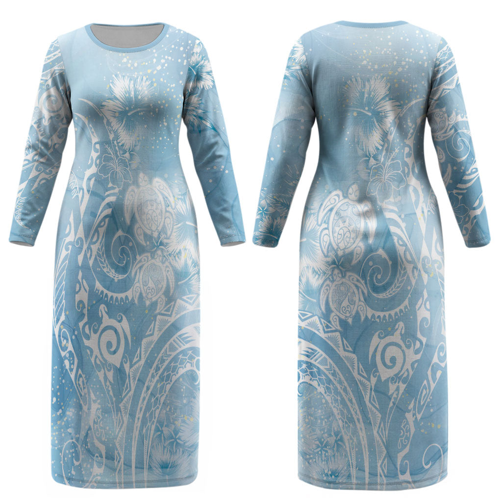 Aloha Hawaii Turtles Floral Couples Matching Long Sleeve Bodycon Dress and Hawaiian Shirt Aqua Marbles Glaze LT7 - Polynesian Pride