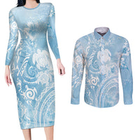 Aloha Hawaii Turtles Floral Couples Matching Long Sleeve Bodycon Dress and Long Sleeve Button Shirt Aqua Marbles Glaze LT7 Aqua - Polynesian Pride