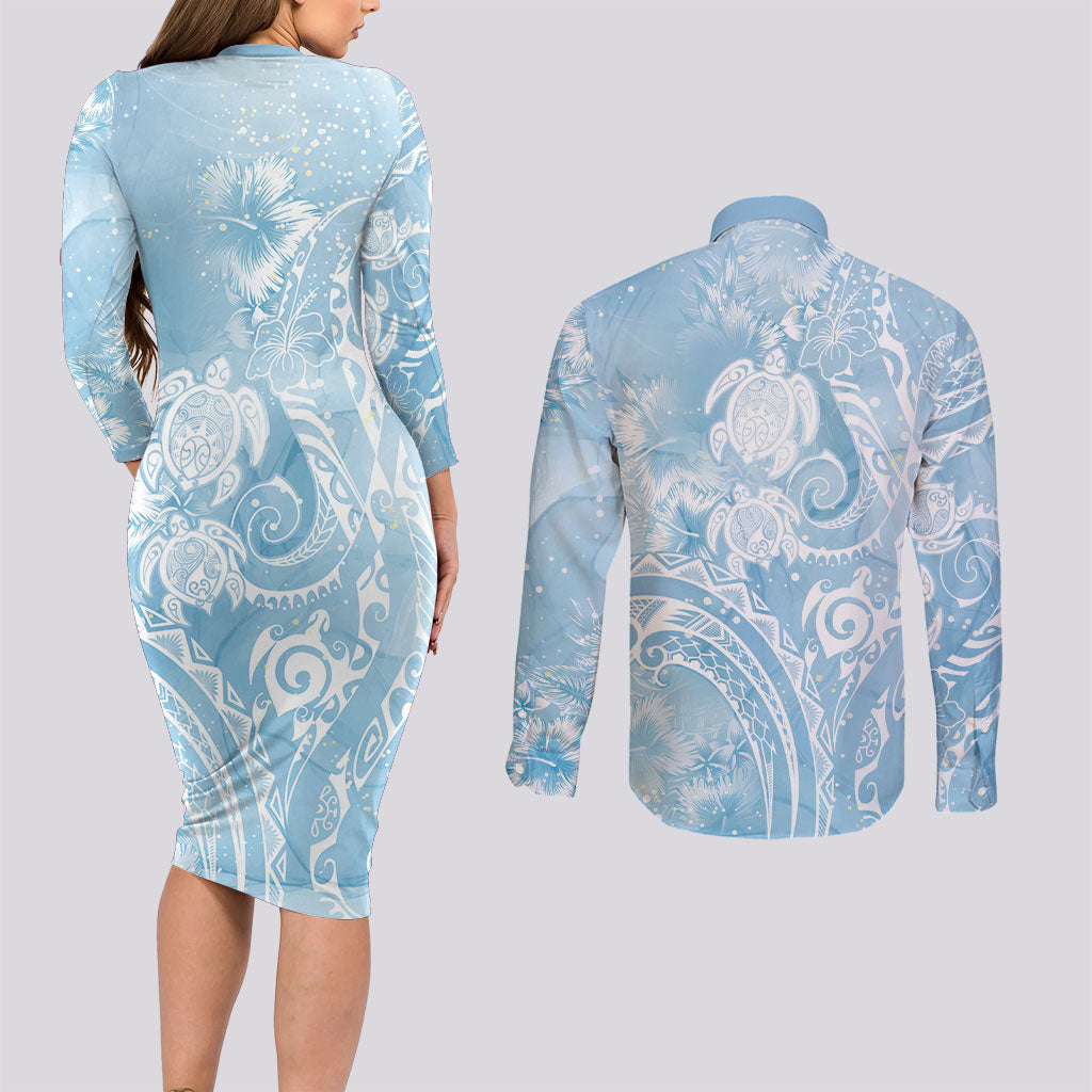 Aloha Hawaii Turtles Floral Couples Matching Long Sleeve Bodycon Dress and Long Sleeve Button Shirt Aqua Marbles Glaze LT7 - Polynesian Pride