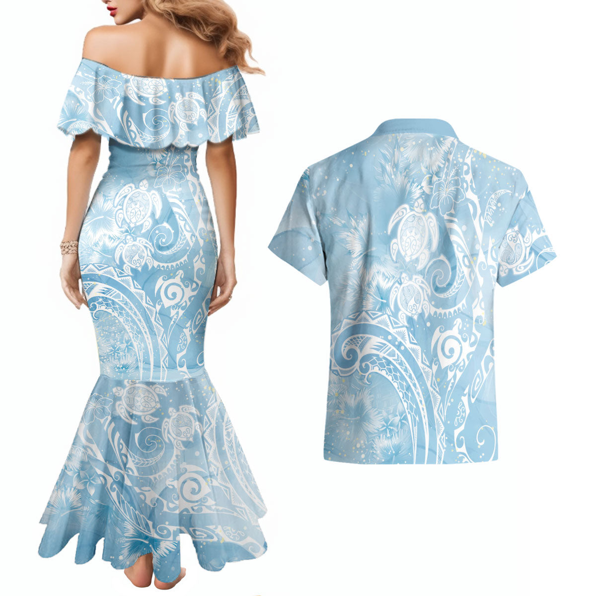 Aloha Hawaii Turtles Floral Couples Matching Mermaid Dress and Hawaiian Shirt Aqua Marbles Glaze LT7 - Polynesian Pride