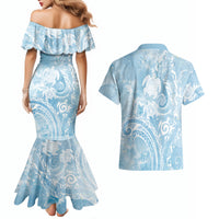 Aloha Hawaii Turtles Floral Couples Matching Mermaid Dress and Hawaiian Shirt Aqua Marbles Glaze LT7 - Polynesian Pride