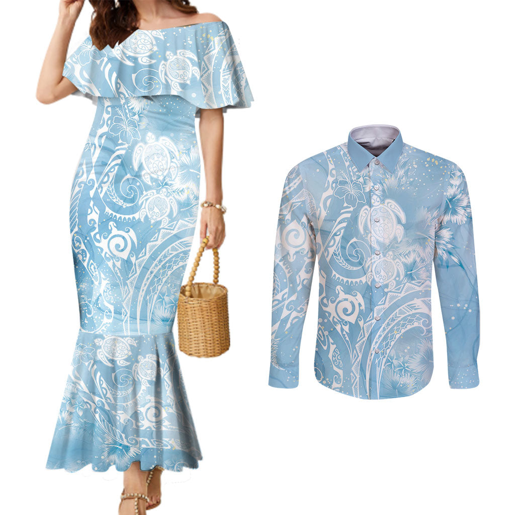 Aloha Hawaii Turtles Floral Couples Matching Mermaid Dress and Long Sleeve Button Shirt Aqua Marbles Glaze LT7 Aqua - Polynesian Pride