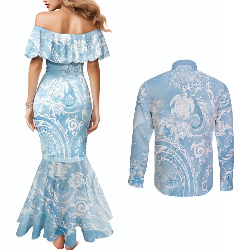 Aloha Hawaii Turtles Floral Couples Matching Mermaid Dress and Long Sleeve Button Shirt Aqua Marbles Glaze LT7 - Polynesian Pride